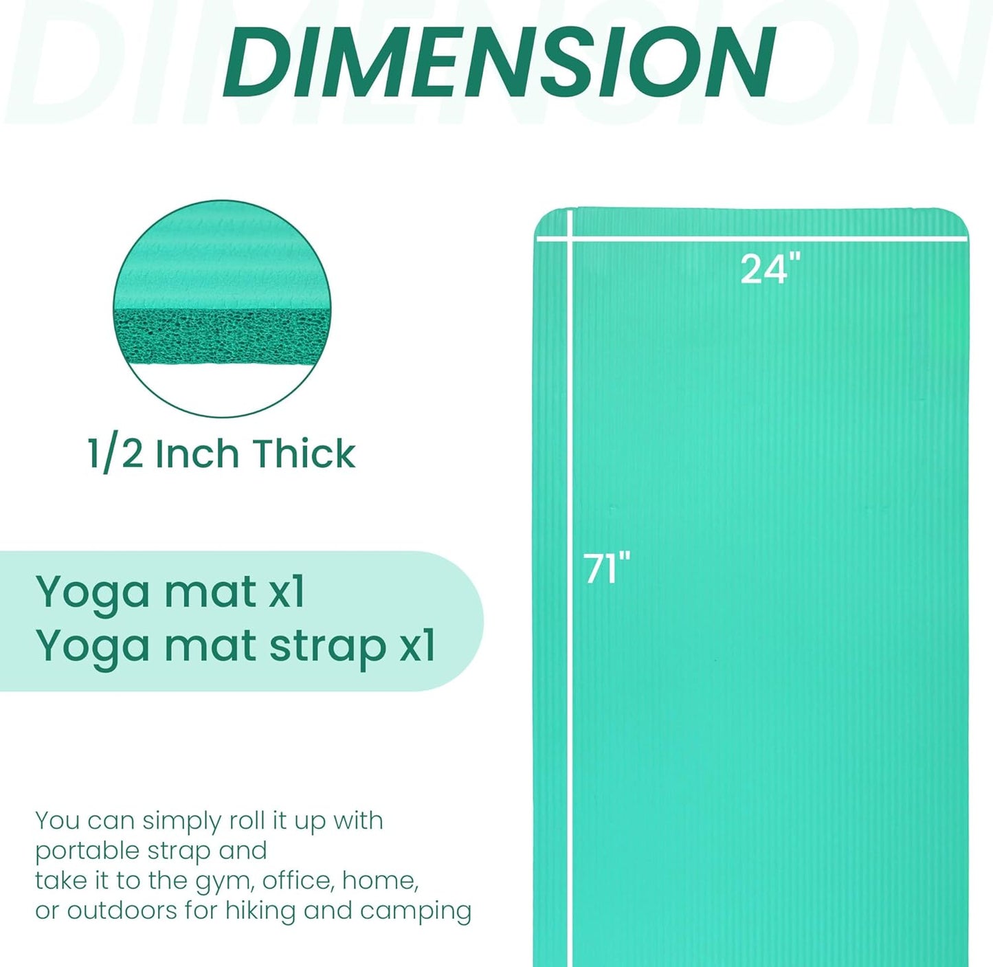 Fitvids Yoga Mat, 1/2-Inch Extra Thick High Density Exercise Mat, Anti-Tear Exercise Yoga Mat with Carrying Strap, Suitable for Various Yoga Exercises