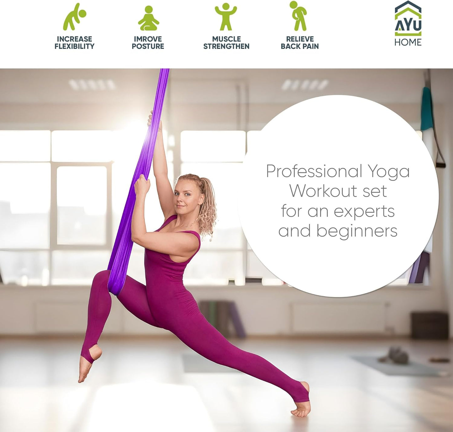 AyuHome Aerial Silks Kit for Home - Premium Yoga Swing for Kids and Adults with 660 lbs Capacity - Versatile Aerial Yoga Hammock for Gymnastics Training