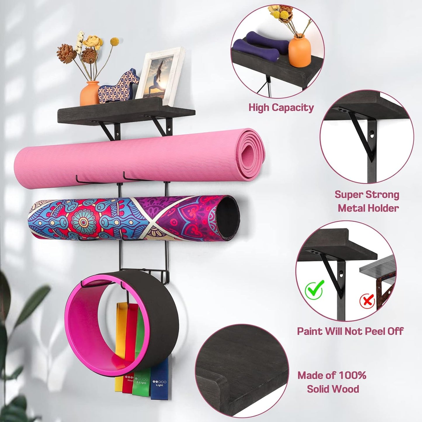 Bikoney Yoga Mat Holder Wall Mount Yoga Mat Storage Home Gym Accessories with Wood Floating Shelves and 4 Hooks for Hanging Foam Roller and Resistance Bands Fitness Home Gym Carbonized Black
