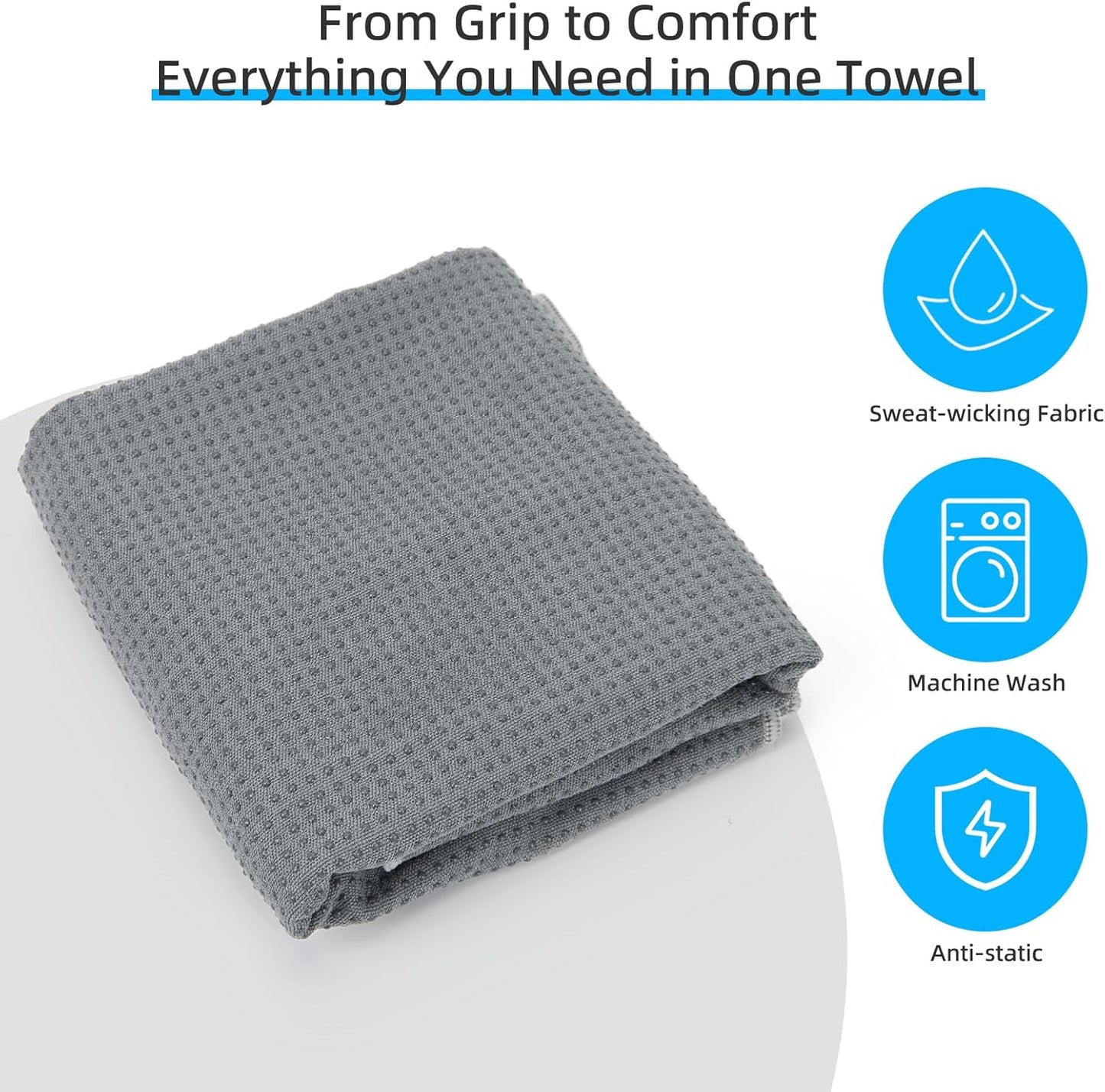 YESLIFE Non-Slip Extra Thick Hot Yoga Towel with One Sweat Towel, Microfiber Sweat Absorbent Yoga Mat Towel with Grip Dot, Pilates Mat, 72" x 24", Light Blue