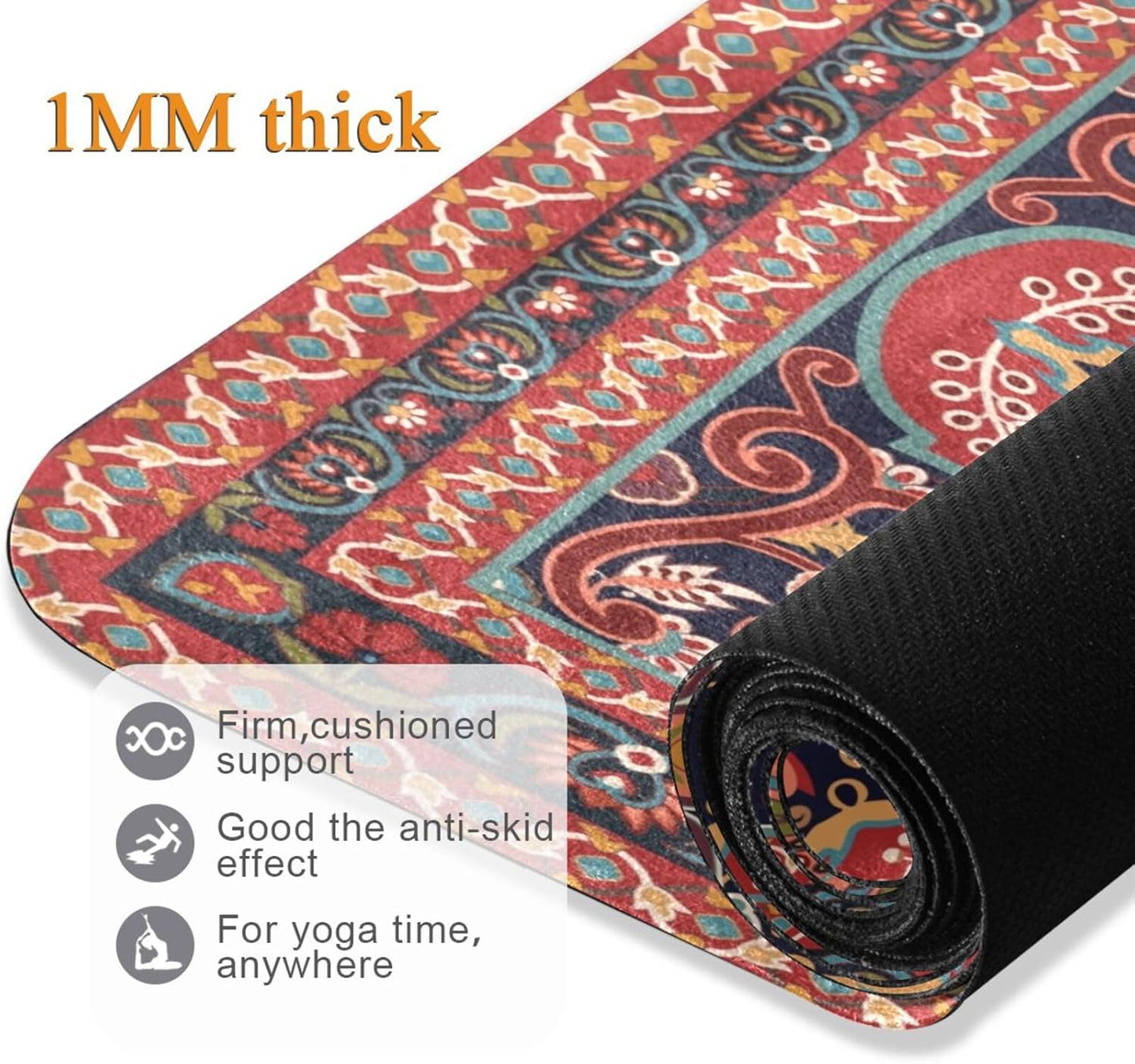 Kigai Travel Yoga Mat 71" x 24" Non Slip Natural Rubber Foldable Exercise Mat Ultra Thin 1.5mm Lightweight for Fitness, Pilates & Home Workout, Persian Design