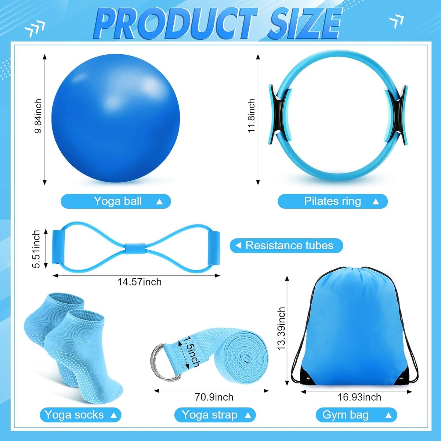 Poen 18 Pcs Home Pilates Ball and Ring Circle Set Yoga Fitness Essentials Kit with 5 Resistance Band Stretching Strap Non Slip Sock Ball Core Slider Wristband Headband Gym Bag for Women