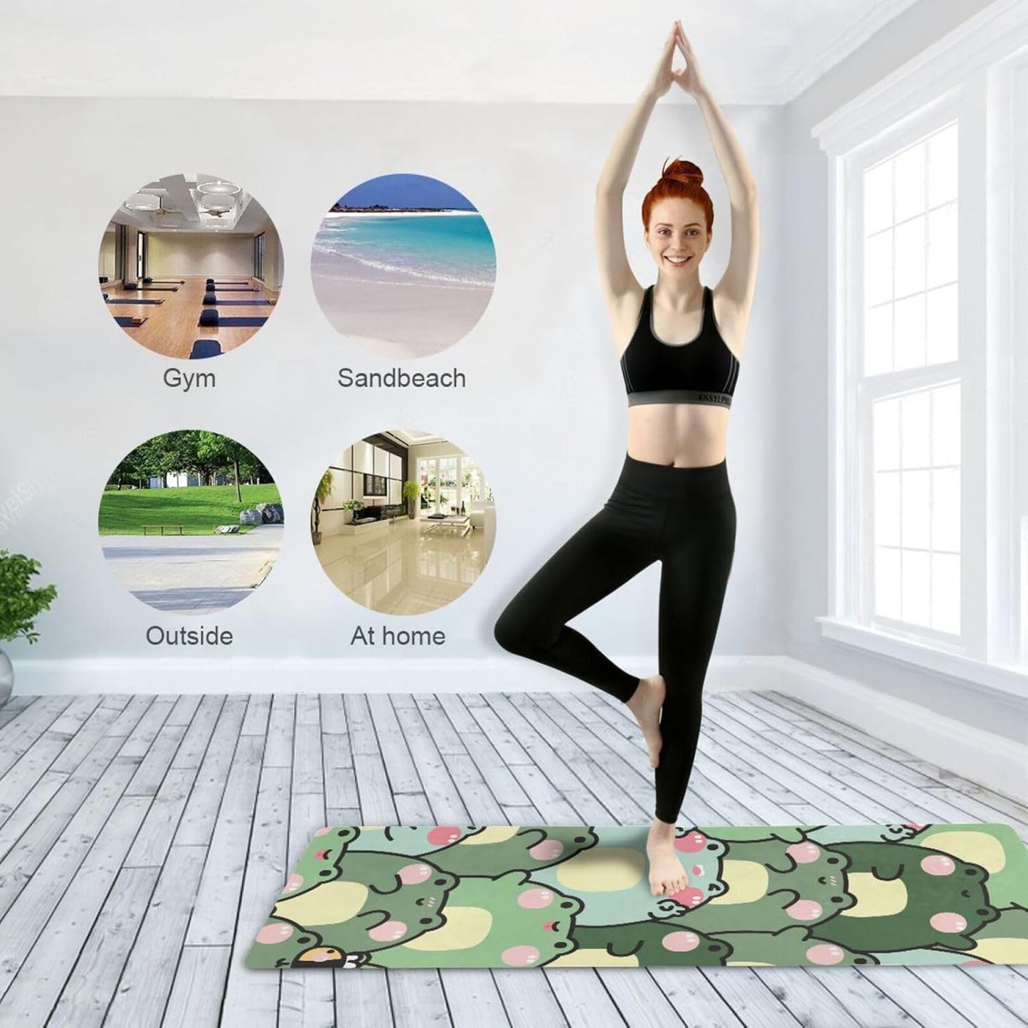 Cute Chubby Frog Yoga Mat, 71 x 26 Inch Non-slip Yoga Mats Folding Travel Exercise Mat Indoor Outdoor Gym Pilates with Storage Bag for Women Men