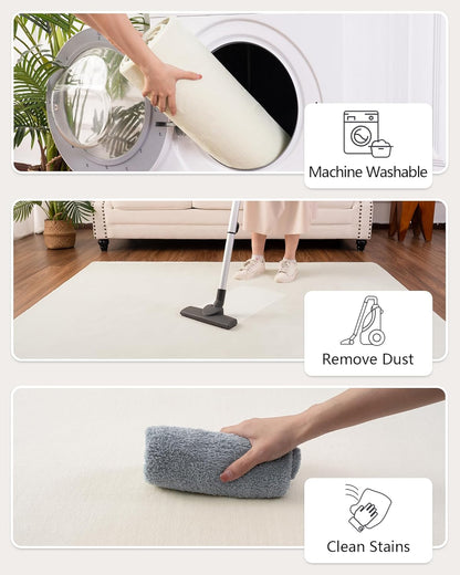 Andecor Shag Living Room Area Rug, 6x9 Cream White Washable Fuzzy Bedroom Rugs, Soft Fluffy Indoor Carpets for Dorm Boys Girls Kids Room Nursery Home Decorations