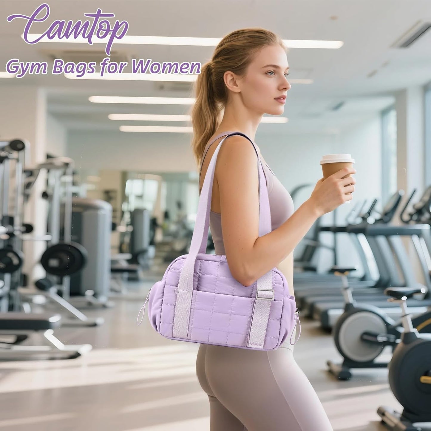 CAMTOP Mini Gym Bag for Women, Small Gym Tote Bag Puffy Quilted Sports Duffel Bag with Wet Compartment and Coin Purse Duffel Bags Dance Yoga Workout Bag for Gifts (All Black, Mini-12.6")