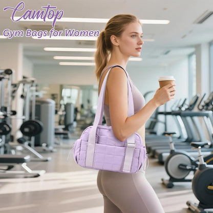 CAMTOP Mini Gym Bag for Women, Small Gym Tote Bag Puffy Quilted Sports Duffel Bag with Wet Compartment and Coin Purse Duffel Bags Dance Yoga Workout Bag for Gifts (All Black, Mini-12.6")