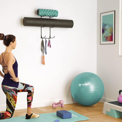 Wallniture Guru Yoga Mat Holder Wall Mount with 3 Hooks for Hanging Yoga Strap, Resistance Bands, 5-Sectional Metal