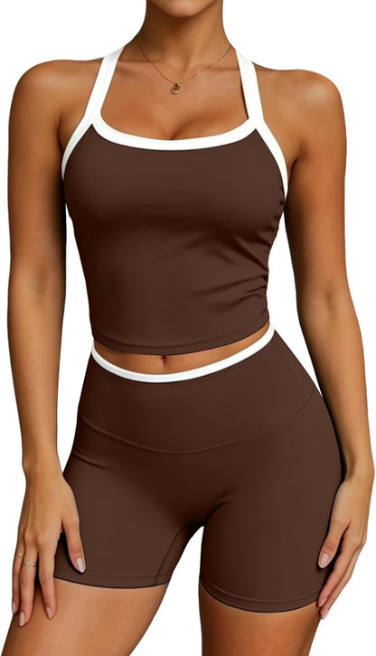 UOUA Womens Workout Set 2 Piece Gym Outfit High Waisted Tummy Control Shorts Halter Padded Sports Bra Tank Athletic Yoga Wear