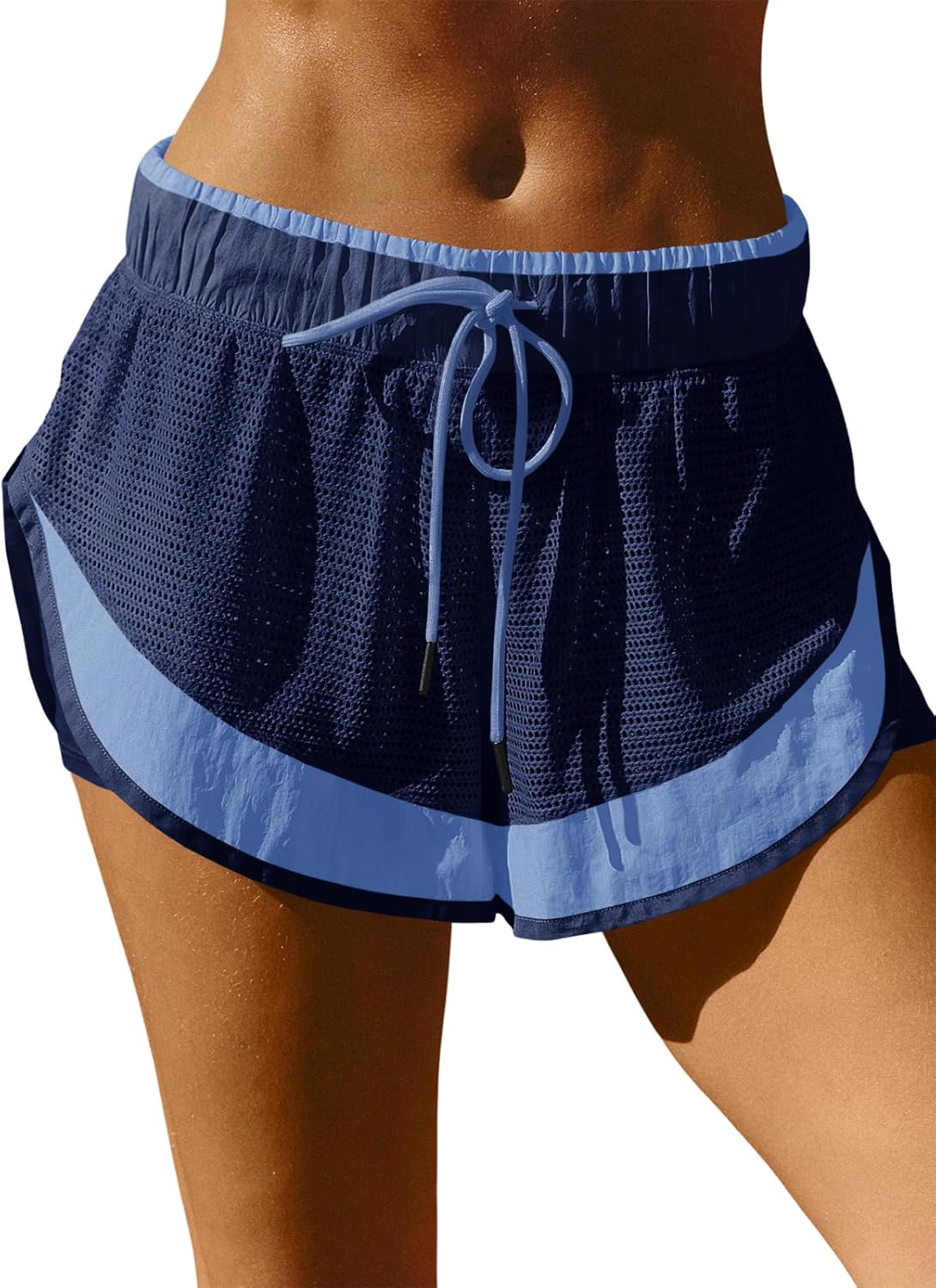 Fisoew Women Athletic Shorts 2 in 1 Running High Split Color Block Workout Yoga Mesh Shorts Pocket Drawstring