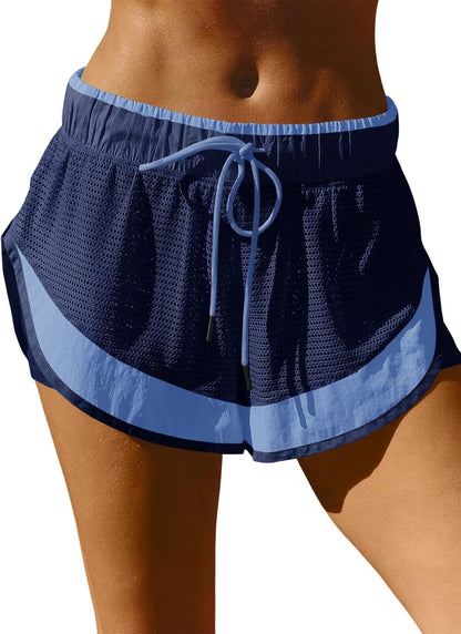 Fisoew Women Athletic Shorts 2 in 1 Running High Split Color Block Workout Yoga Mesh Shorts Pocket Drawstring