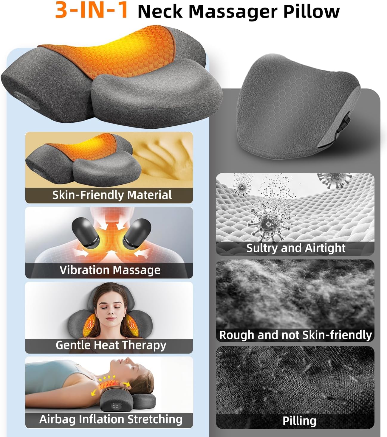 Upalled Cordless Heated Neck Massager Pillow for Pain Relief Deep Tissue, 3-in-1 Rechargeable Neck Cervical Traction Device with Heat, Massage, Electric Stretch, Ergonomic Neck Shoulder Relaxer, Grey