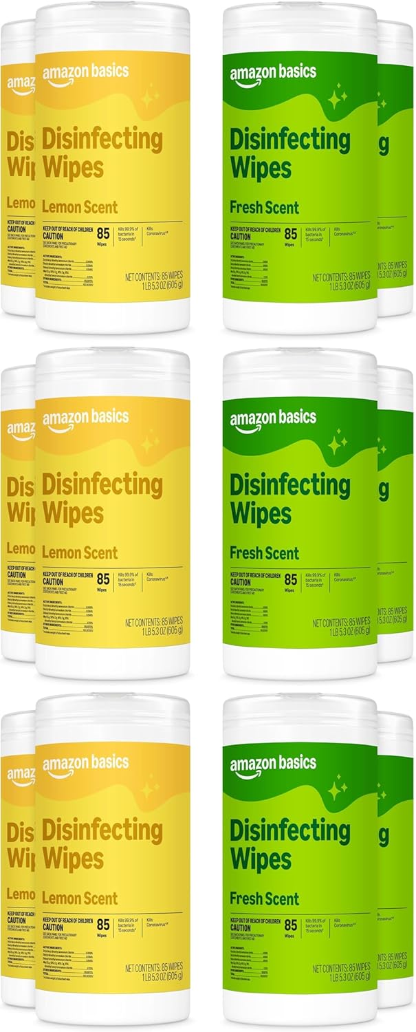 Amazon Basics Disinfecting Wipes, Lemon & Fresh Scent, Sanitizes, Cleans, Disinfects & Deodorizes, 255 Count (3 Packs of 85), Packaging May Vary