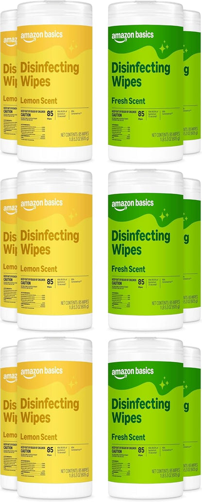 Amazon Basics Disinfecting Wipes, Lemon & Fresh Scent, Sanitizes, Cleans, Disinfects & Deodorizes, 255 Count (3 Packs of 85), Packaging May Vary