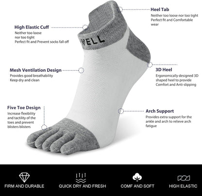 VWELL Cotton Toe Socks Five Finger Socks No Show Crew Athletic Running Socks 4 Pairs,Size 7-11
