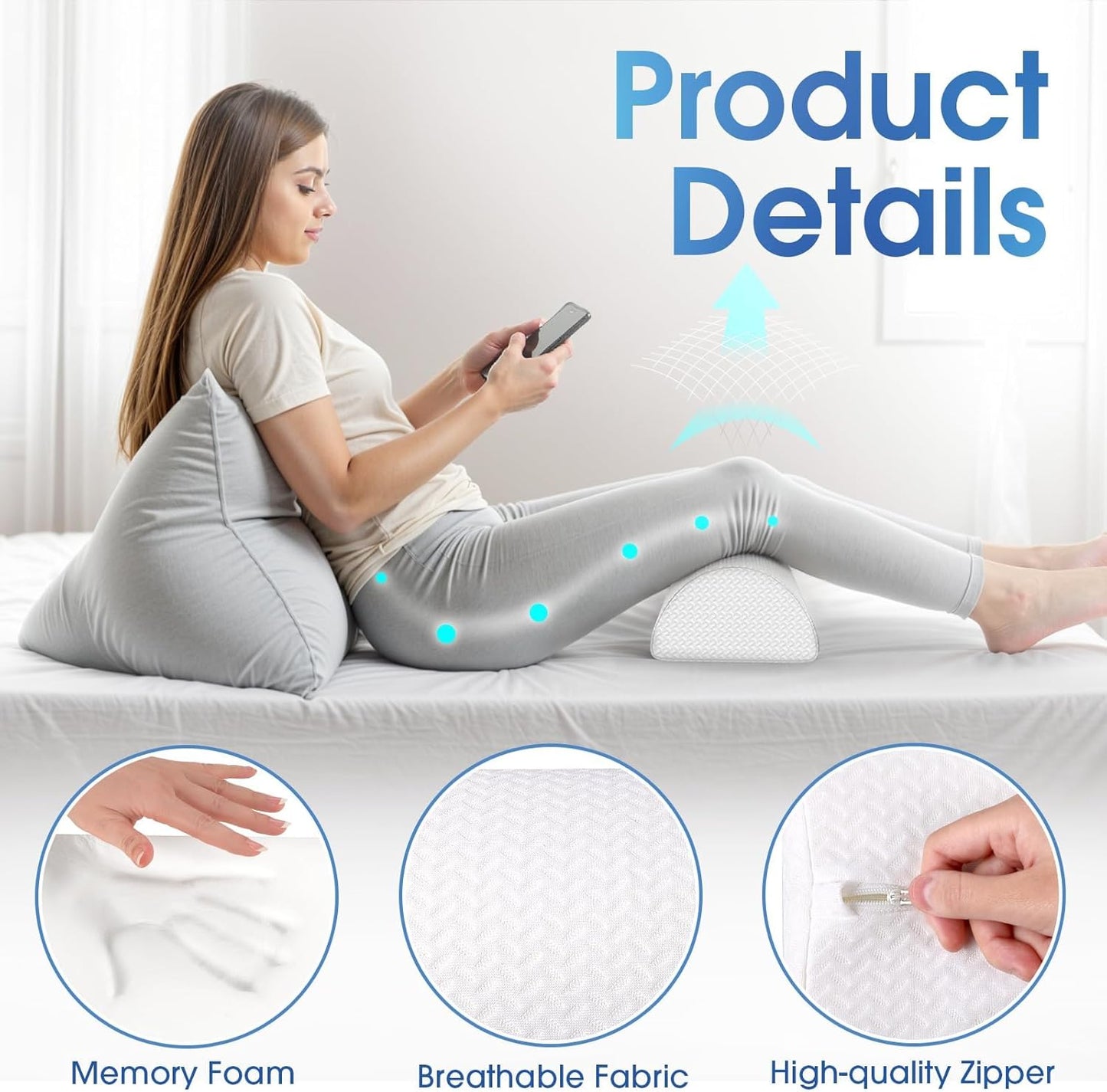 TranquilRelax Knee Pillow for Back Sleeping Memory Foam Half Moon Bolster Pillow for Legs, Under Knee Support, Ankle & Foot Comfort Orthopedic Pillow for Side Sleepers (Grey, 20.4" x 8" x 4.9")