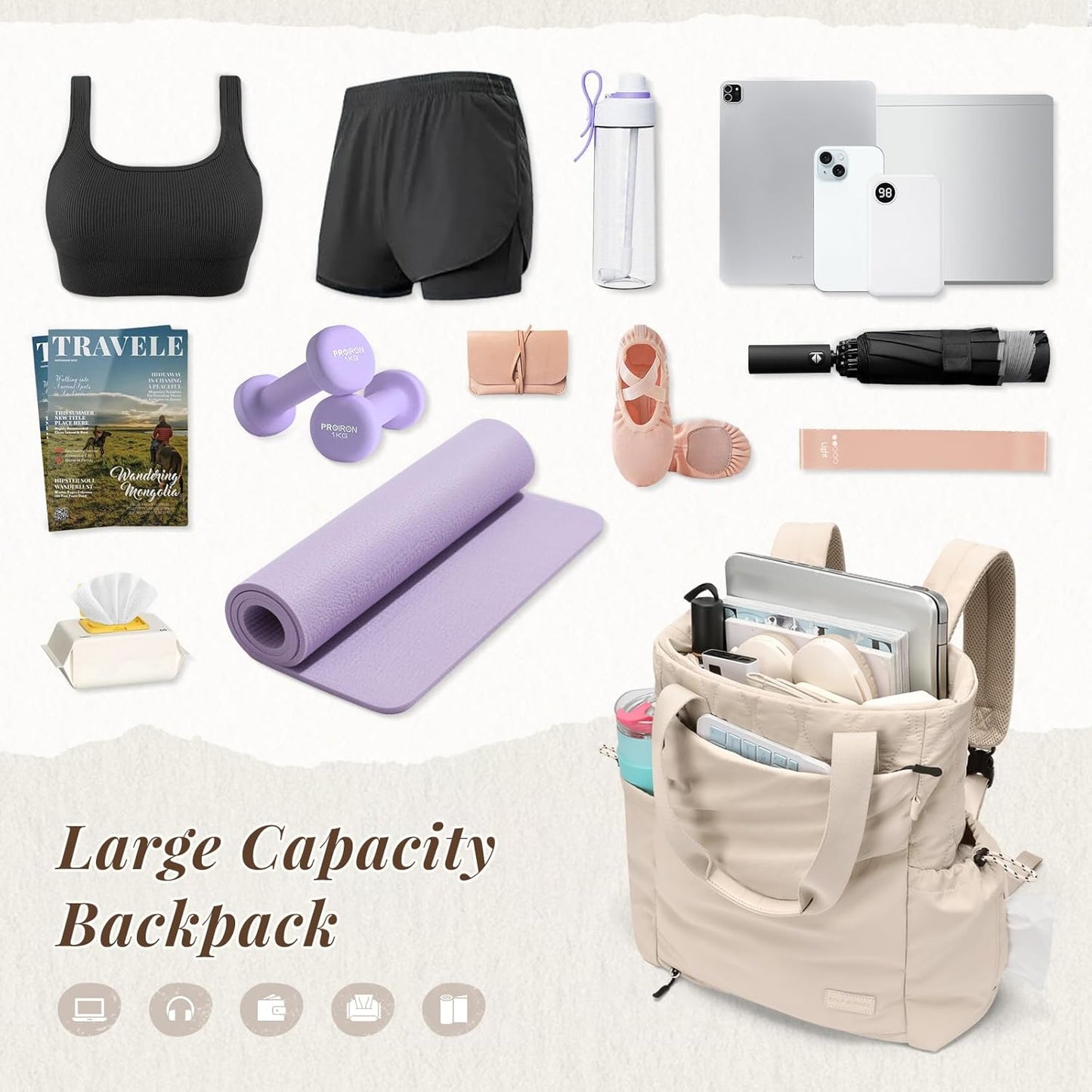 GOLF SUPAGS 3-in-1 Laptop Tote Backpack for Women 15.6" Quilted Work Gym Bag with Hidden Yoga Mat Carrier for Travel Leisure (Gravel Brown & Beige)