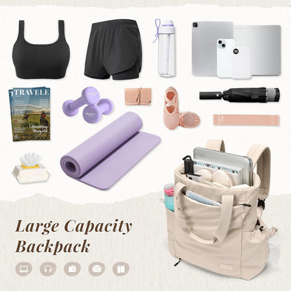 GOLF SUPAGS 3-in-1 Laptop Tote Backpack for Women 15.6" Quilted Work Gym Bag with Hidden Yoga Mat Carrier for Travel Leisure (Gravel Brown & Beige)