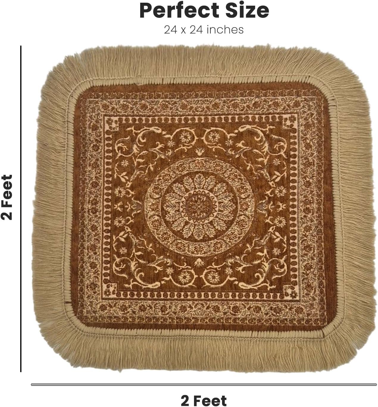 Soft Chenille Prayer Mat | Traditional Mandala Floral Pooja Aasan with Golden Fringes | Multipurpose Square Rug for Meditation, Yoga, Puja Room & Home (Red, 2x2 Feet)
