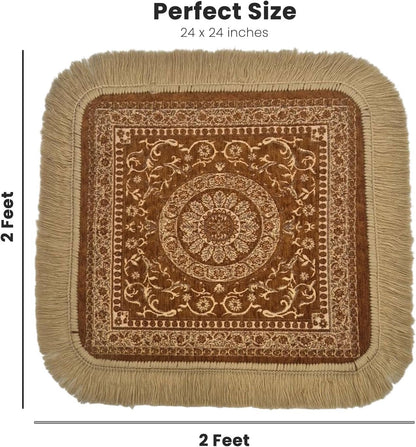 Soft Chenille Prayer Mat | Traditional Mandala Floral Pooja Aasan with Golden Fringes | Multipurpose Square Rug for Meditation, Yoga, Puja Room & Home (Red, 2x2 Feet)