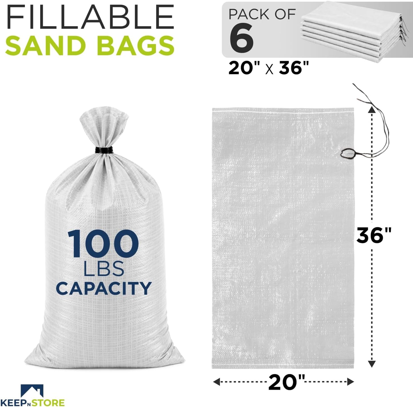 Heavy Duty Sand Bags Pack of 3, White Empty Sandbags with Built-In Ties, Woven Polypropylene UV Protection 1600 Hours, Fillable Sand Bags for Flood Control, Weight, 10x14 inches, 15 Pounds Volume