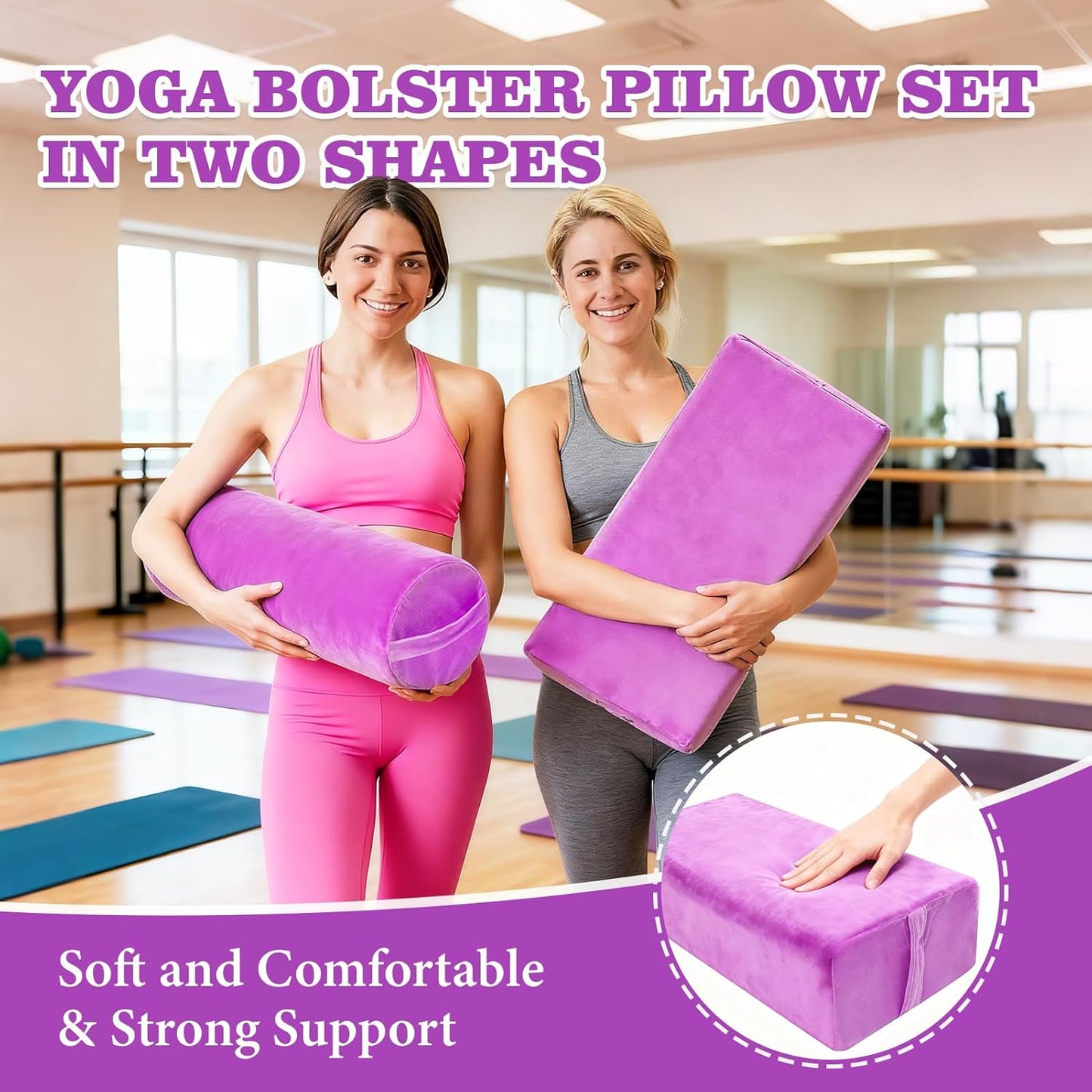 JZHLLA 2 PCS Yoga Bolster Pillow Set Washable Velvet Cover Meditation Bolster with High Density Foam and Carry Handle Rectangular and Cylinder Bolsters for Restorative Yoga