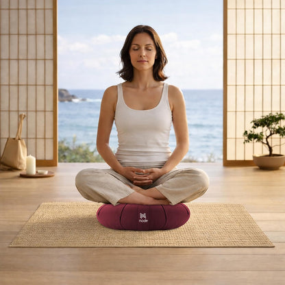 Zafu Meditation Cushion, 15" Round Buckwheat Yoga Pillow with Organic Cotton Cover - Burgundy