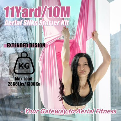 Aerial Silks Kit & Aerial Yoga Hammock - 11Yd Premium Fabric with Hardware - Easy Setup for Flying Yoga, Aerial Swing & Fitness - Supports Up to 14ft Rigging