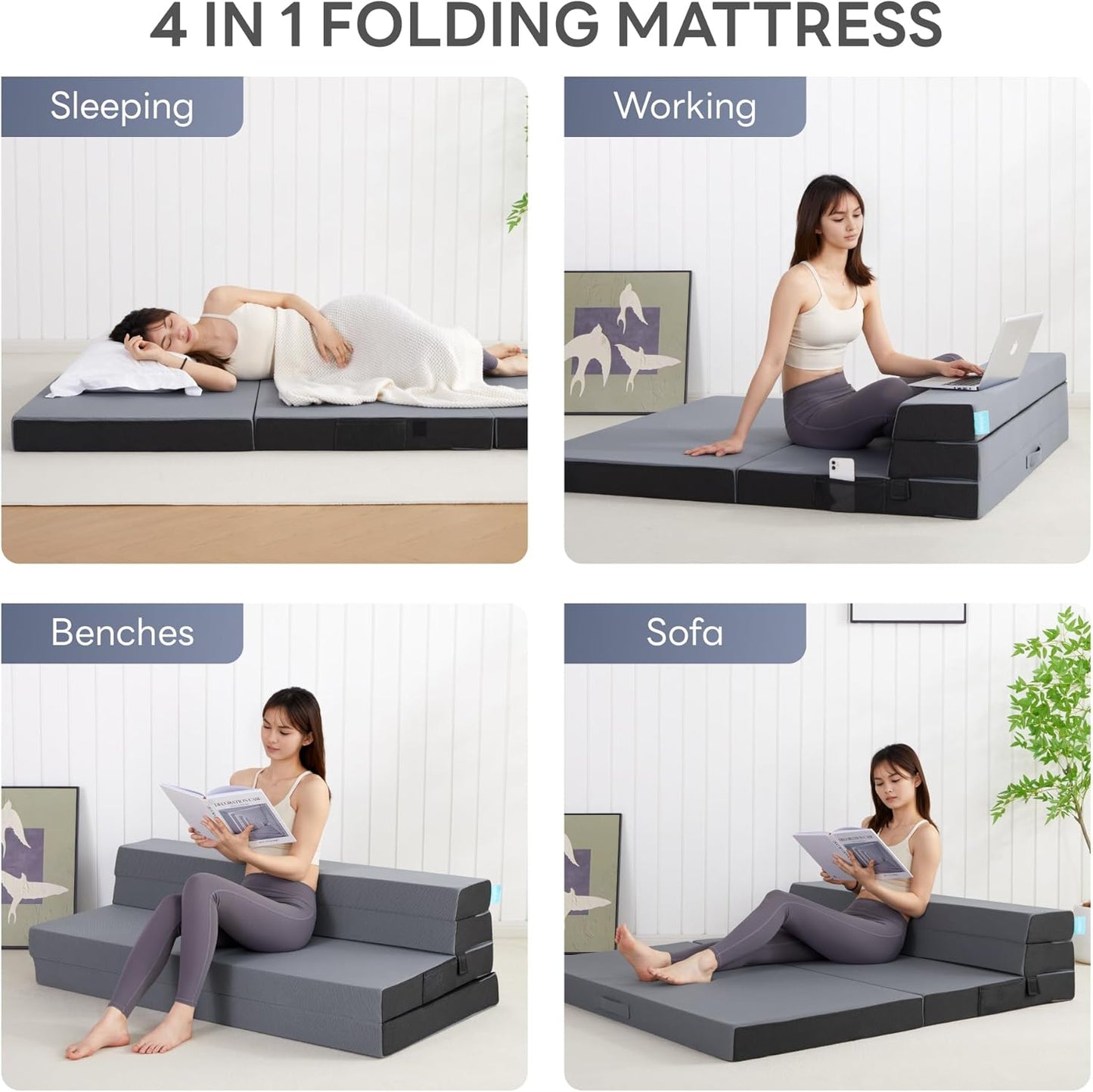 LIKIMIO Folding Mattress Queen, High Density Foam Mattress with Breathable and Washable Cover & Storage Bag, 4 Inch Foldable Mat Topper for Camping, RV and Yoga, Handle Design, Blue