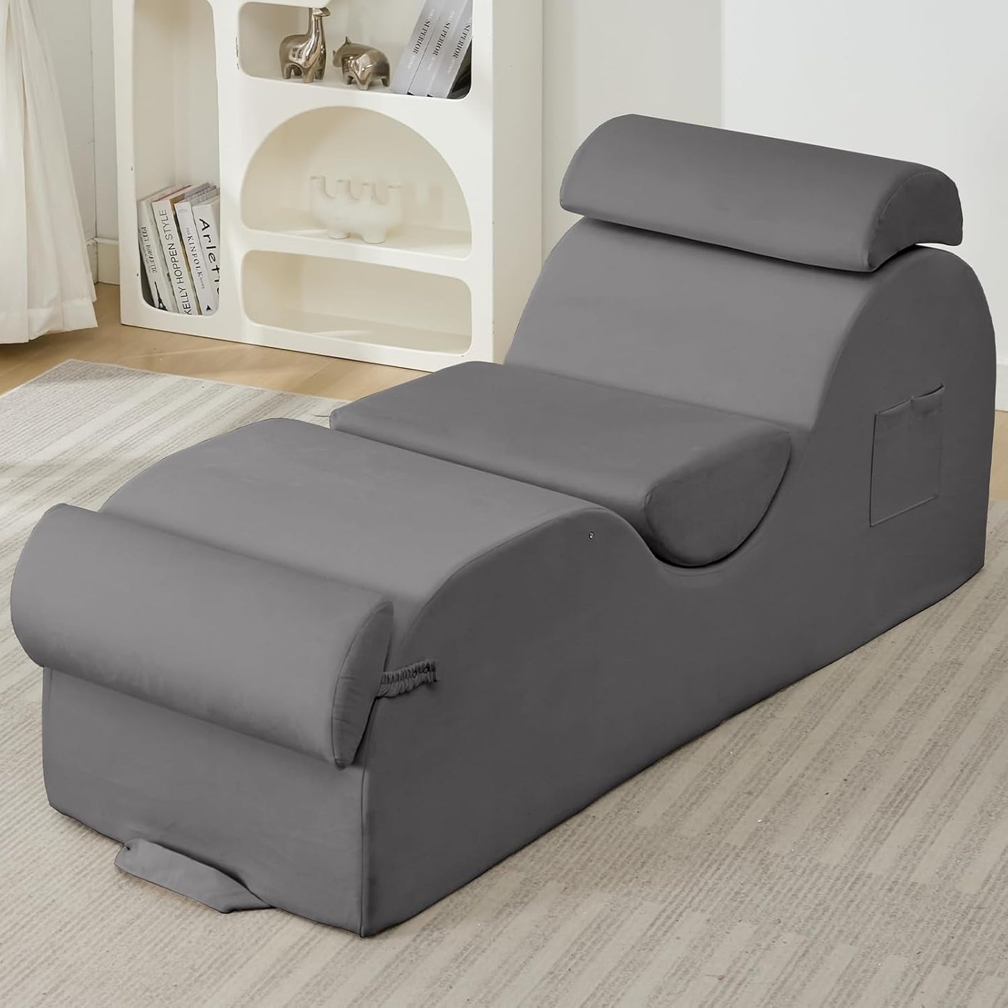 ijuicy 25 Inch Home Stretch Yoga Chair, Velvet Fitness Yoga Chaise Lounge Chair Indoor, Yoga Training Reliner with Adjustable Footrest & Headrest, Light Grey