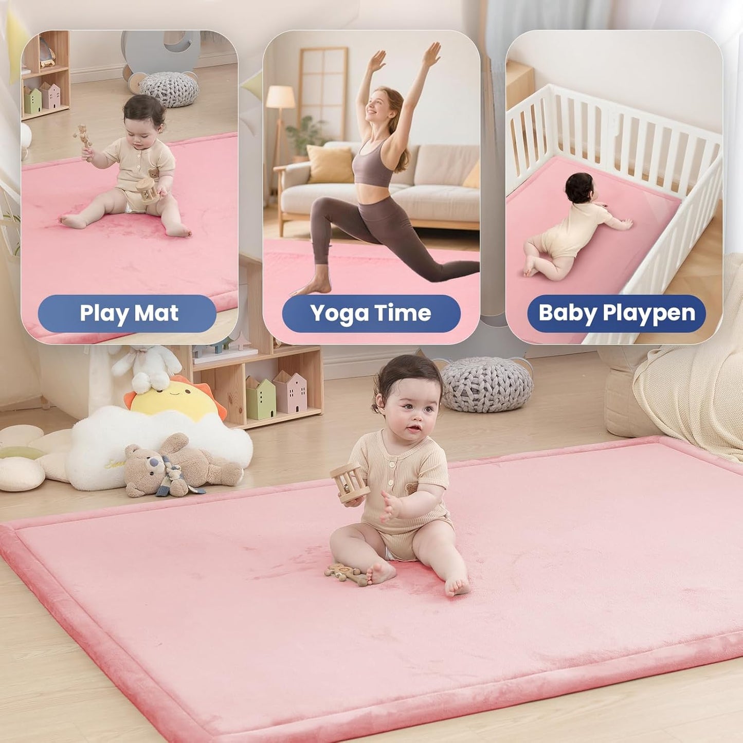 Baby Play Mat for Floor,1.3" Thick Memory Foam Tummy Time Mat,Soft Coral Velvet Nursery Rug,Large Non Slip for Crawling,Toddlers,Infants,Kids,Yoga & Tatami Style for Living Room(Dark Gray)