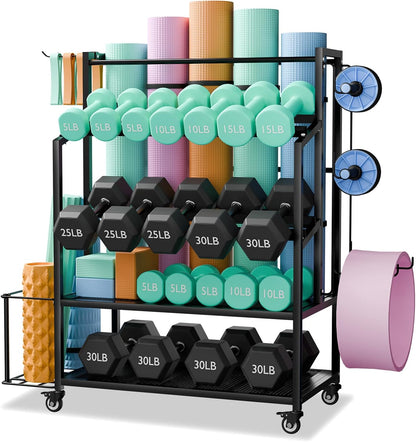 Dumbbell Rack with Wheels, Adjustable Heavy Duty Weight Stand for Dumbbells Kettlebells, Multi-Purpose Home Gym Storage Organizer for Yoga Mat Foam Roller, Workout Equipment Storage Rack