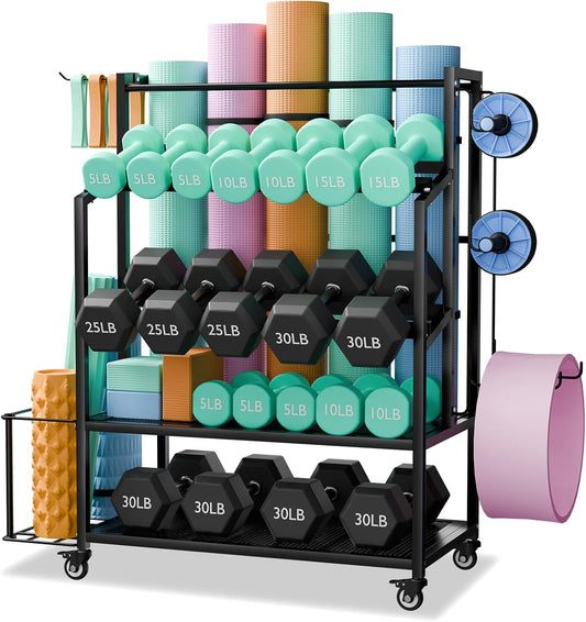 Dumbbell Rack with Wheels, Adjustable Heavy Duty Weight Stand for Dumbbells Kettlebells, Multi-Purpose Home Gym Storage Organizer for Yoga Mat Foam Roller, Workout Equipment Storage Rack