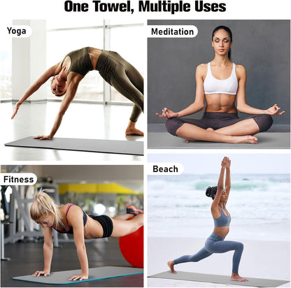 MoKo Hot Yoga Towel, Non-Slip Yoga Mat Towel with Grip Dots, 74.4"×27.3" Yoga Mat Cover for Pilates, Fitness, Meditation, Swimming Pool, Beach, Travel Yoga Mat with Corner Pockets, Gray