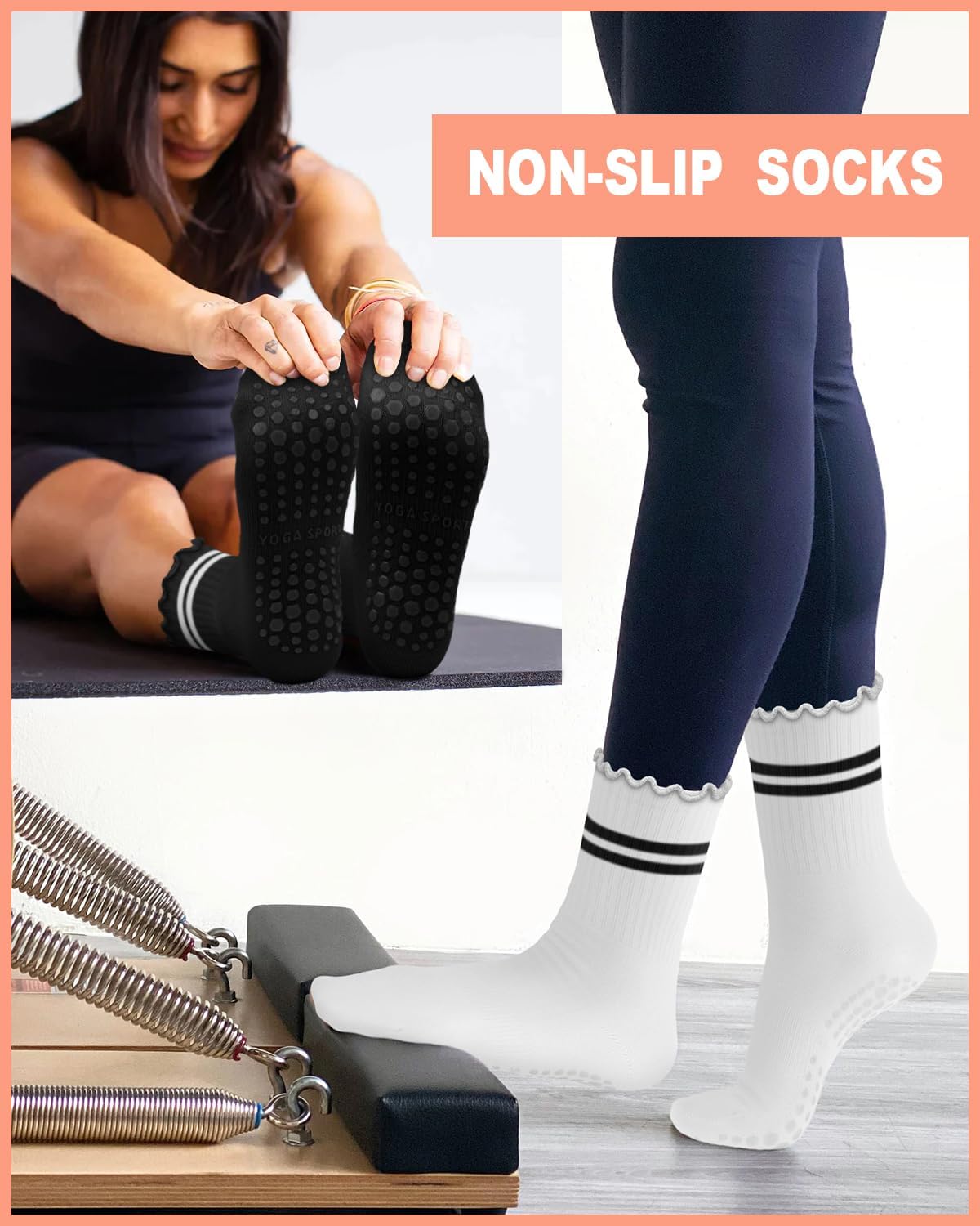 3/6 Pairs Grip Pilates Socks for Women, Non-slip Yoga Athletic Socks for Barre Ballet Barefoot Workout Hospital