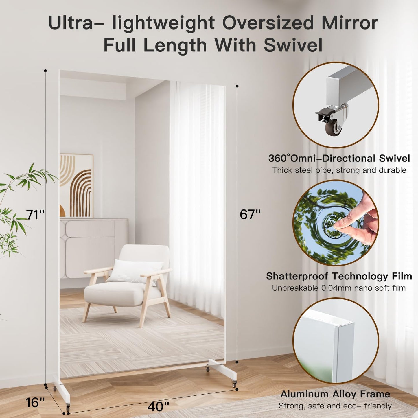 brisafe NanoMirror Non-Glass Ultra-Light Home Gym on Wheels, 75" x 32" Extra Large Full Body Mirror, Unbreakable & Shatterproof, 360° Swivel for Yoga, Dance, Fitness Studio & Home, Black