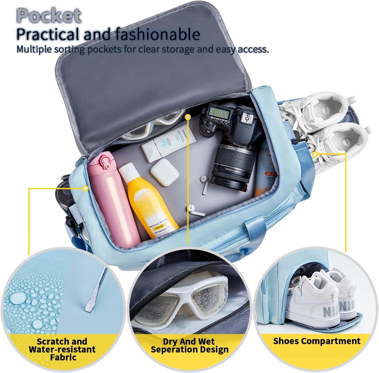 FIORETTO Women's Gym Duffle Bag with Shoes Compartment, 30L Capacity, Ideal for Travel, Gym, Sports, Duffel, Weekender