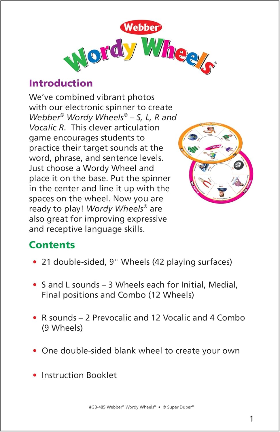 Super Duper Publications | Webber® Wordy Wheels S/L/R (Includes Vocalic R) Add-on Set | Articulation Activity for Speech Therapy | Educational Game