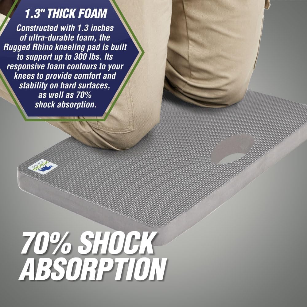 RUGGED RHINO Heavy Duty Patent Pending Kneeling Pad, Shock Absorbent Thick Knee Pads, Holds Up to 300 lbs, Protect Knees from Hard Concrete Surfaces, For Mechanics, Yard Gardening, Gym, Slate Gray
