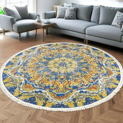 Boho Rug 5Ft Round Bedroom Carpet Circle Nonslip Farmhouse Area Rug Rustic Mandala Floor Mat for Living Room Locker Room Tassel Yoga Throw Rugs Washable Doormat, Purple