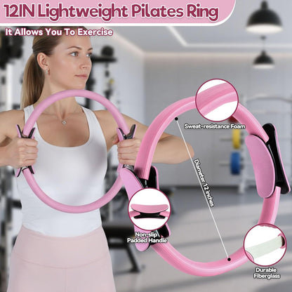19 Pack Pilates Ring Set for Womem, Home Workout Equipment with 12 inch Magic Circle Pilates Ring and Ball Set, 5 Resistance Bands, Magic Circle, Grip Socks & Accessories for Full Body Toning
