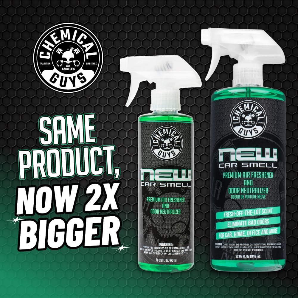 Chemical Guys New Car Smell Air Freshener and Premium Odor Eliminator Refreshes & Neutralizes Odors, Great Car Fresheners for Trucks, SUVs, RVs, and More - 16 oz