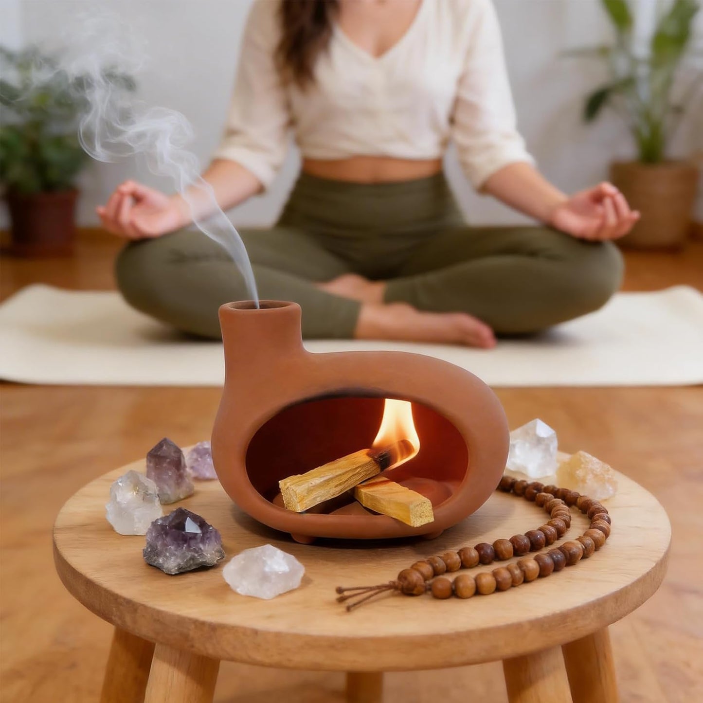 MOUGIGI Terracotta Palo Santo Holder - Modern Chiminea Incense Burner for Yoga, Meditation, and Energy Cleansing - Wood Sticks Dish, Sage Ash Catcher, Smudge Bowl, Cone Burner - Unique Meditation Gift
