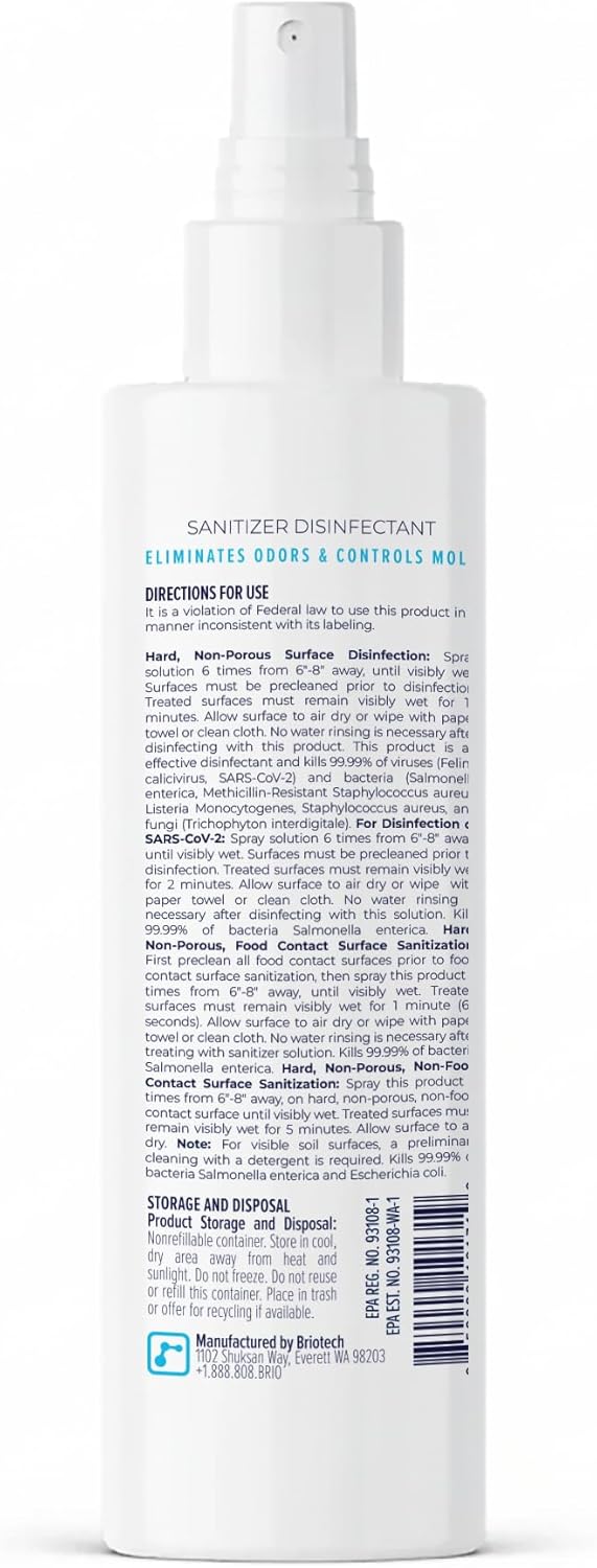 BRIOTECH Sanitizer Disinfectant Hypochlorous Spray, Kill 99.99% of Viruses & Bacteria, Control Mold, Eliminate Odor, Gentle for Nursery & Play Rooms, Food Contact Surface Sanitizer, 32 fl oz