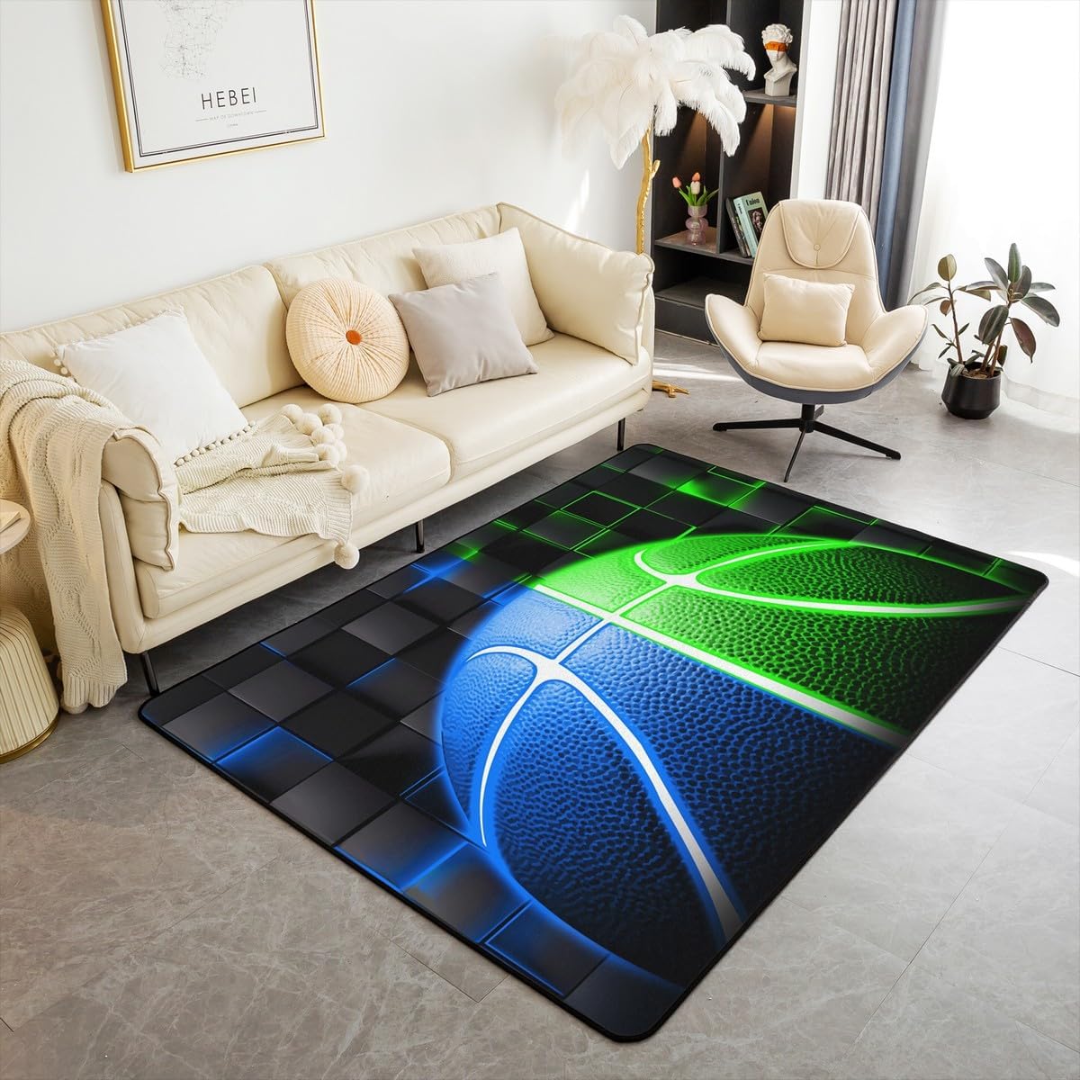 jejeloiu Basketball Living Room Rugs for Bedroom 5x7 Kids Gaming Sports Decor Carpet for Boys Girls Teens Ball Games Area Rug Soft Gift for Basketball Lover Grey and Black Room Decor