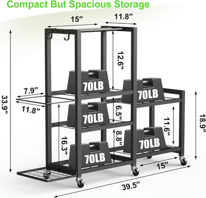 6-Tier Multi-Functional Home Gym Storage Rack with Wheels and Hooks, Adjustable Weight Rack for Dumbbells Kettlebells Yoga Mat and Balls, Space Saving Workout Equipment Storage Organizer