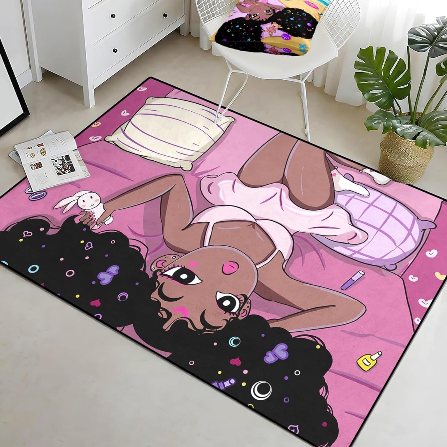 Black Girl Area Rug for Bedroom African American Rugs for Room Princess Carpet Kids Rugs for Bedroom African Girls Carpet for Living Room Teen Girls Yoga Mats, Pink, 4'×5'