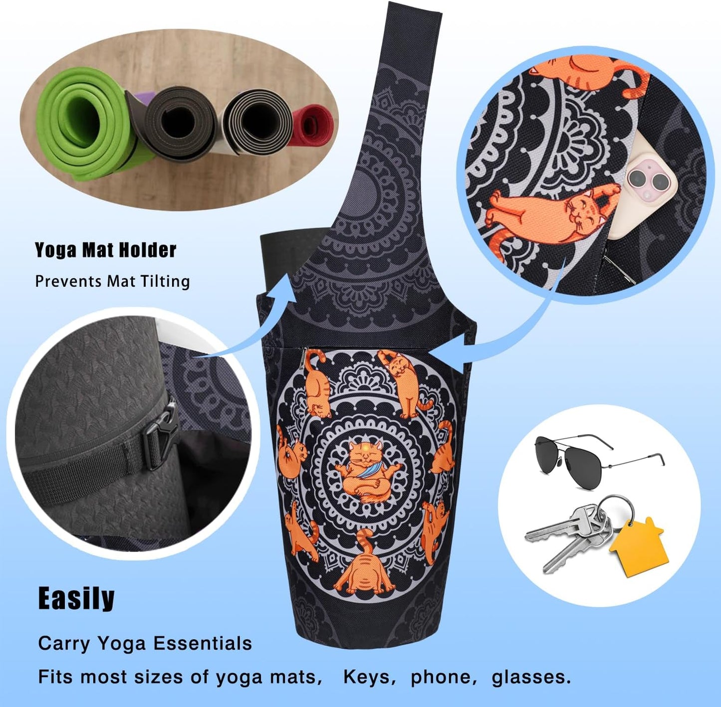 Yoga Mat Bag - Large Opening Long Tote Yoga Mat Carrier Holder Bag with Waterproof Wet Zipper Pocket and Drawstring Water Bottle Pocket - Yoga Bag Fit Most Size Mats