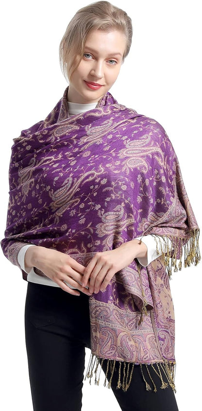 Ciormis Two Tone Silky Paisley Pashmina Shawl Scarf,Soft Women's Rave Jacquard Pashminas Wrap Scarves