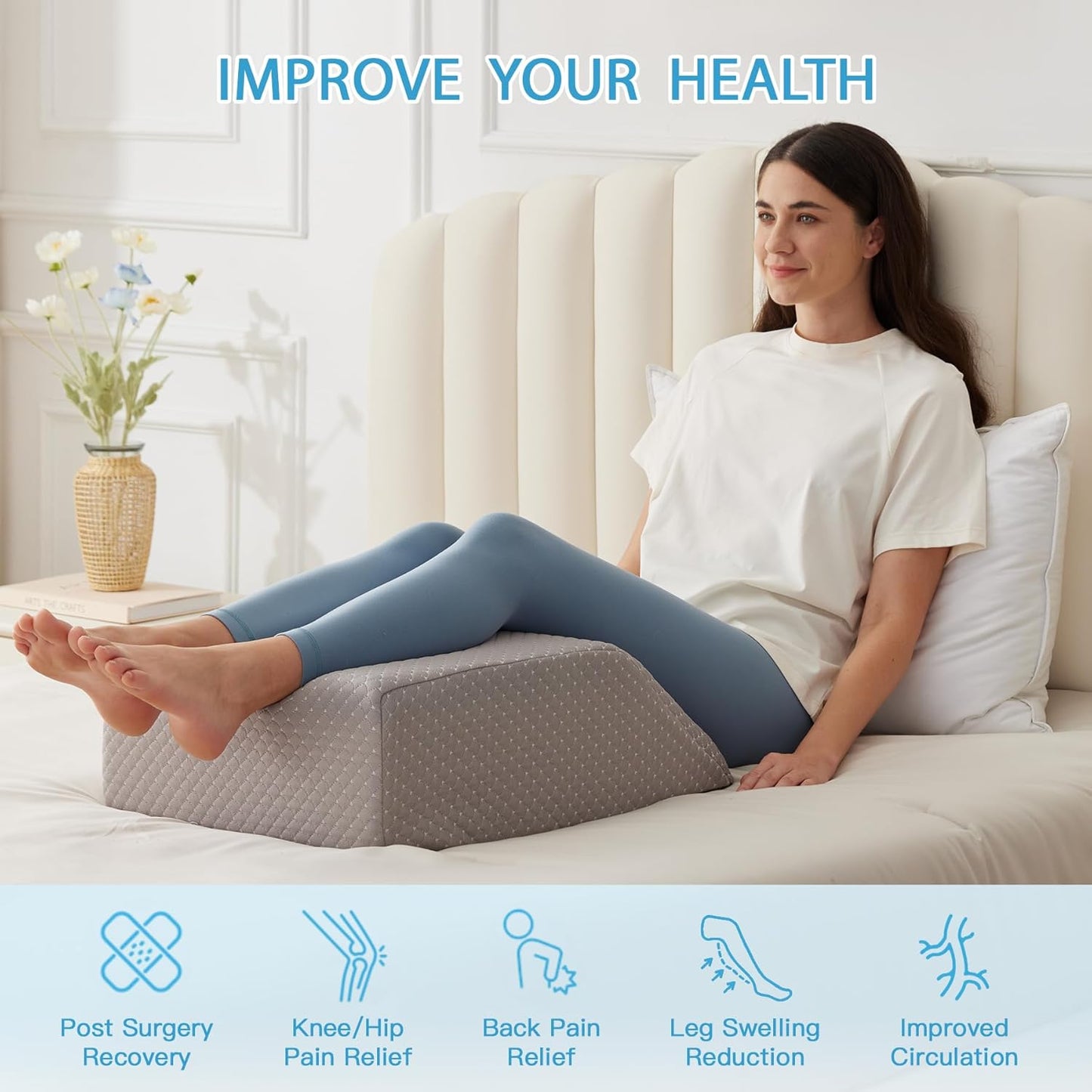MEGCXIT Leg Pillow Elevation Blood Circulation, Leg Wedge for Elevation for Swelling, Leg Elevating Pillow for After Surgery, Memory Foam Foot Knee Pillow for Back Sleeping 23.6×16.8×8 Inch White/Grey