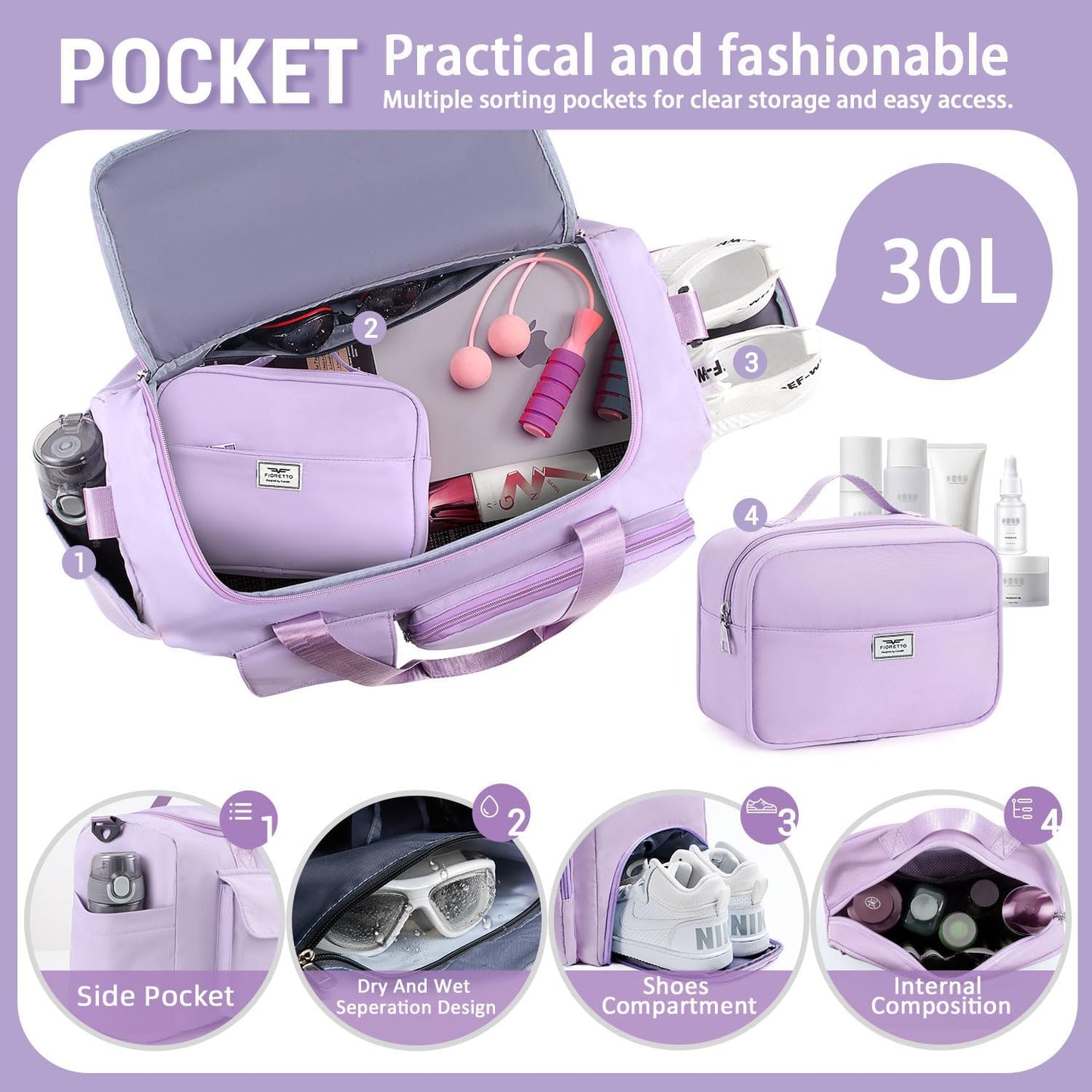 FIORETTO Women's Gym Duffle Bag with Shoes Compartment, 30L Capacity, Ideal for Travel, Gym, Sports, Duffel, Weekender